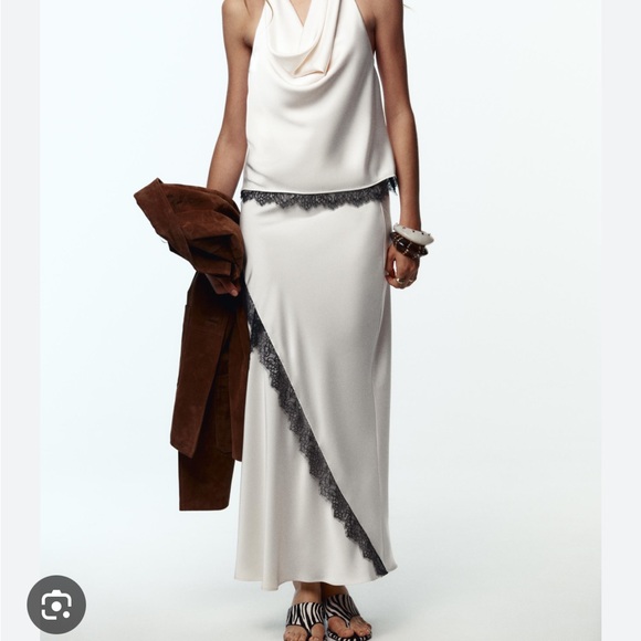 Zara NWT satin effect lace midi skirt cream black 3530/896 - Picture 6 of 9